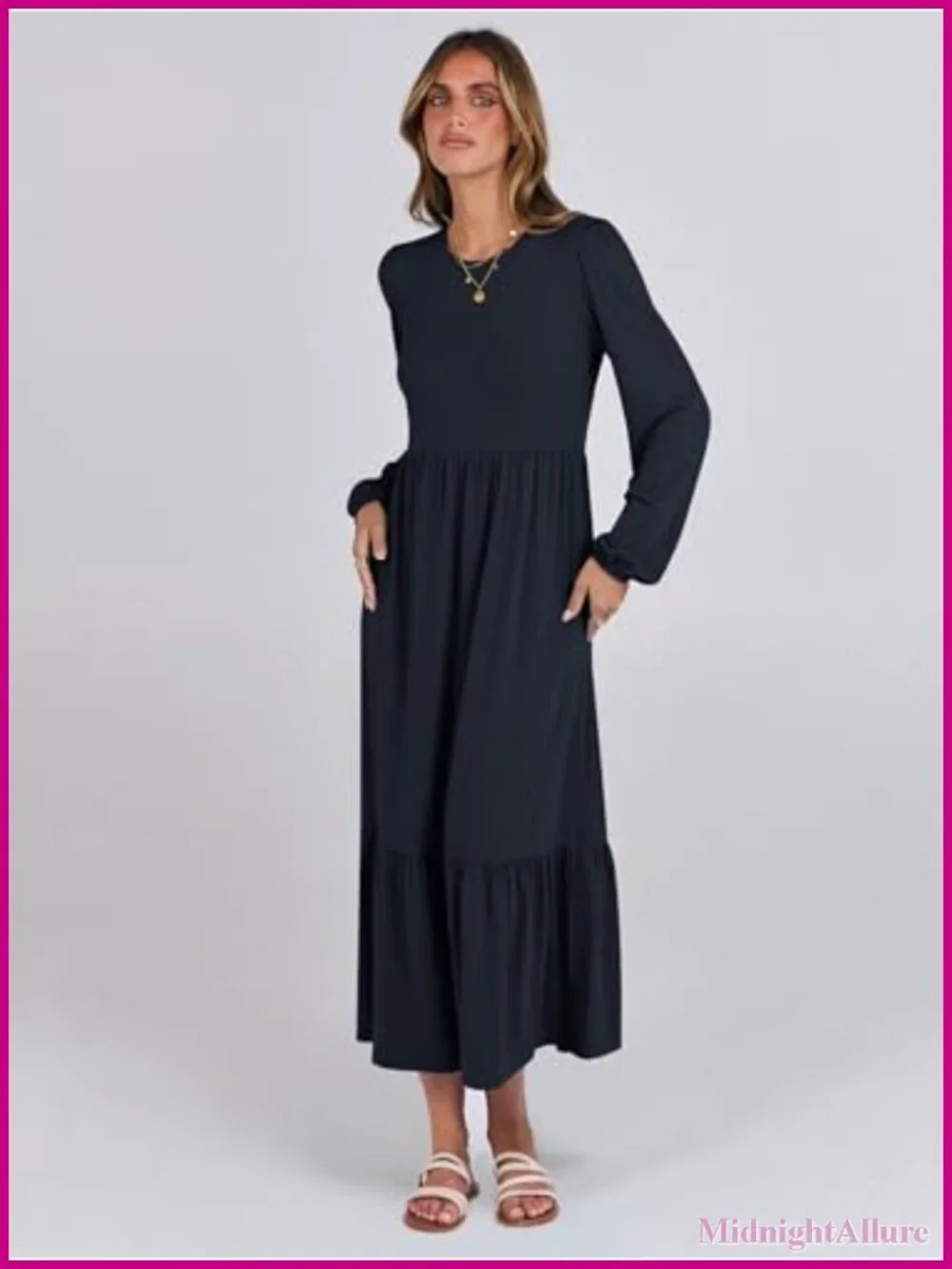 Flowy Tiered Midi Dress Long Sleeve A-Line Cotton Blend with Pockets